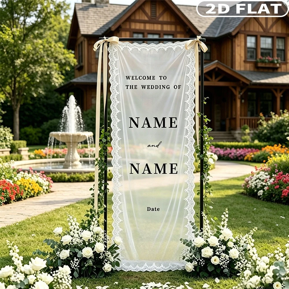 

2D FLAT 1pc Custom Name Sheer Lace Wedding Welcome Sign Party Photo Booth Props: Personalized Modern Wedding Banner