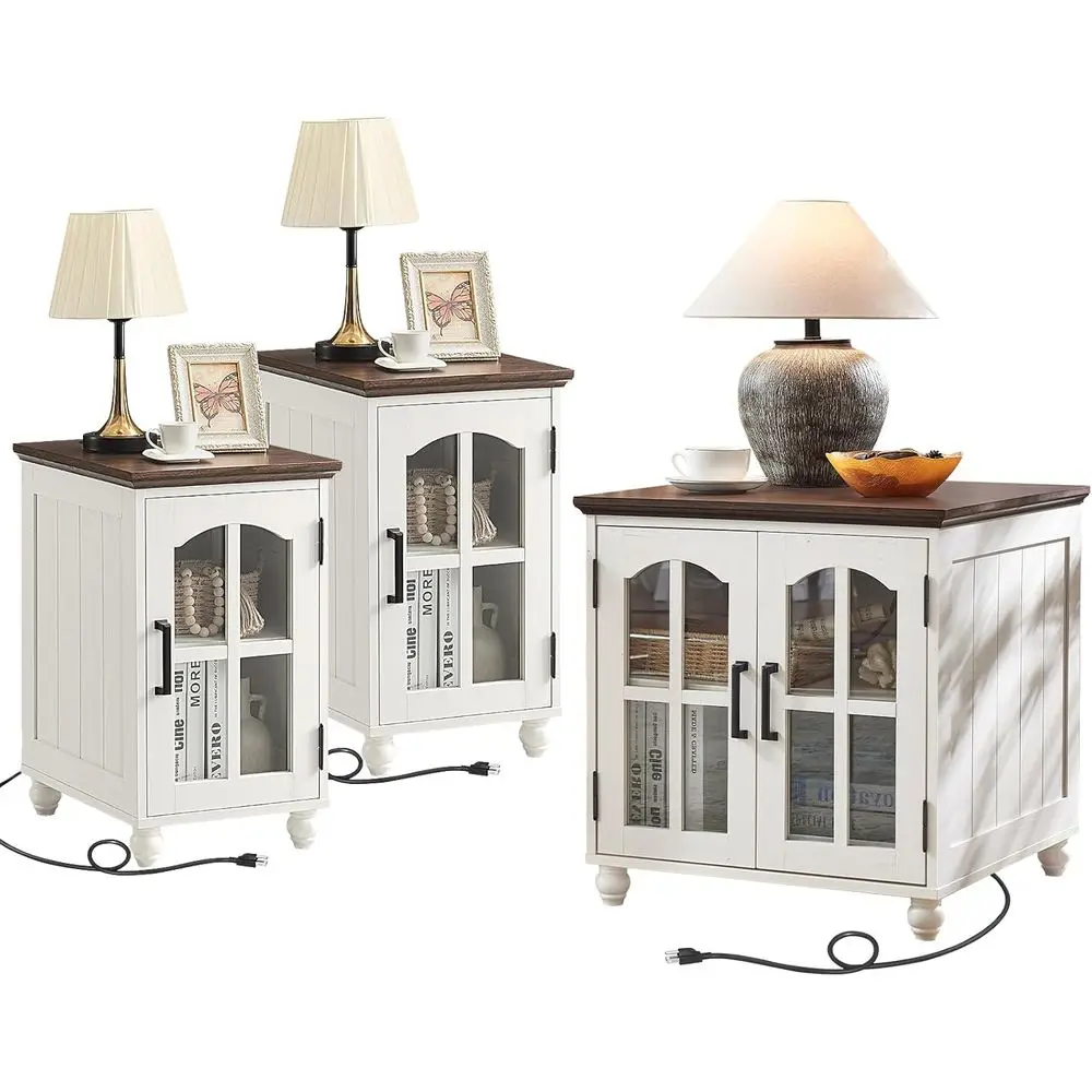 3-Piece End Table Set with Charging Station, 18 Narrow and 24 Large Tables, Glass Barn Door Storage, Suitable for Living Room, B