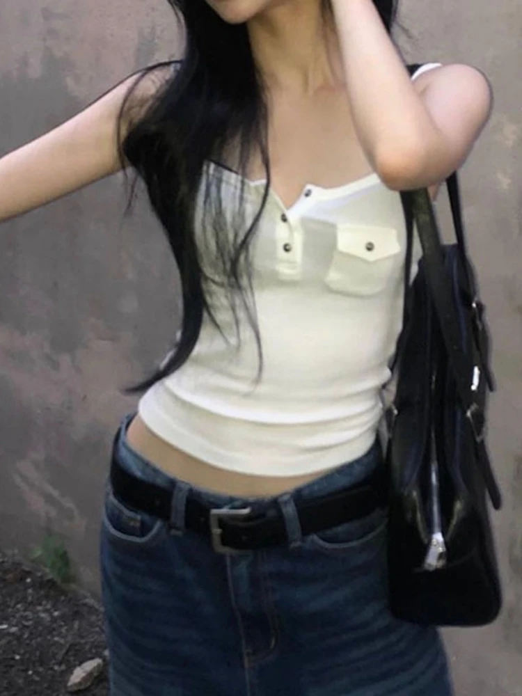 Solid Camis Pocket Crop Top Spaghetti Strap Sexy Tops For Women Fashion Clothing Buttons Tank Top Ropa De Mujer Camison Verano