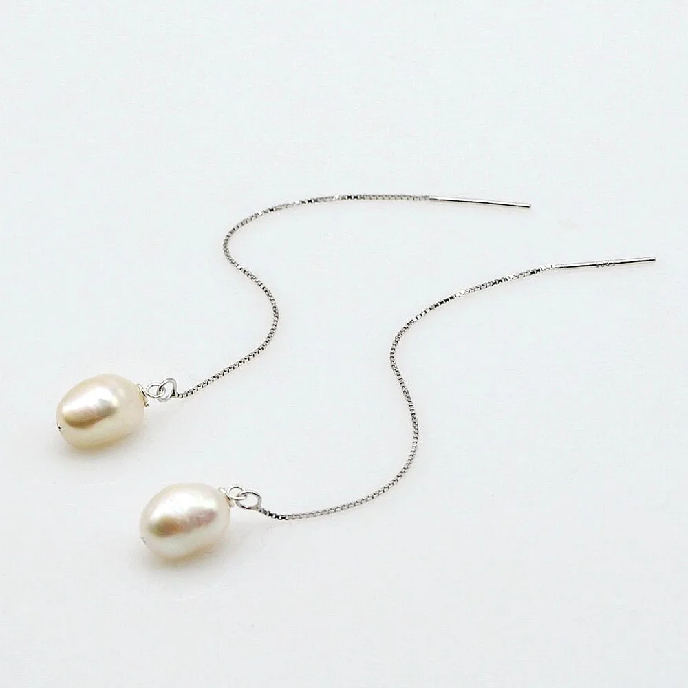 

Women's Earrings Natural Freshwater Pearl Pendant Silver Chain Long Earrings Girls Tremella Wire Baroque Pearl Jewelry