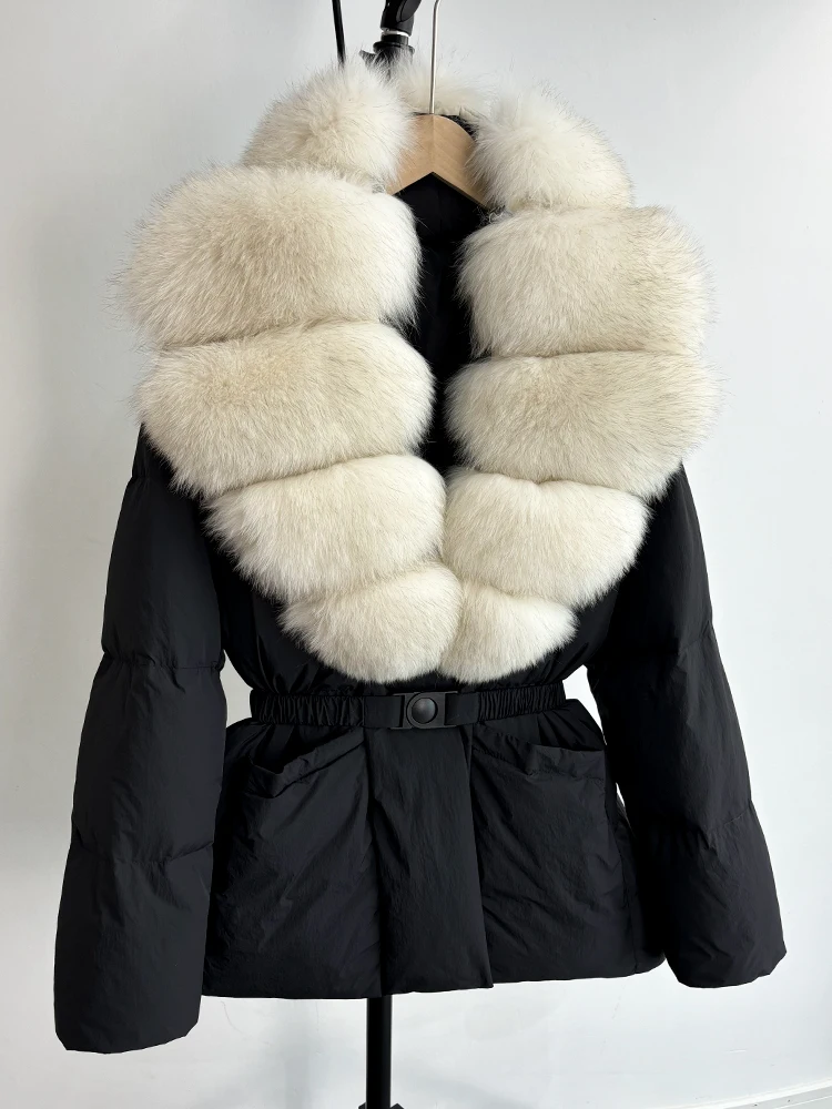 Lagabogy 2025 Large Real Fox Fur Winter Belt Waist-Tight Elegant Warm 90% White Duck Down Jacket Female V-neck Loose Puffer Coat