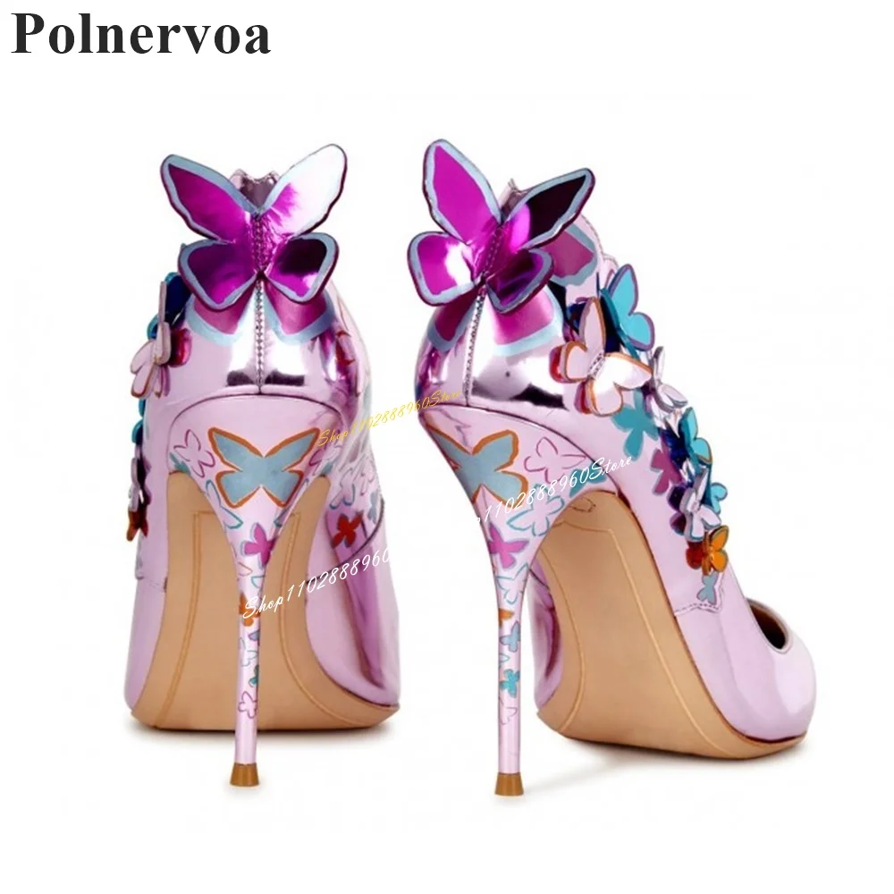 Luxury Colorful Glossy Butterfly Decor Pumps Thin High Heel Shoes For Women Slip On Pointed Toe 2024 Fashion Zapatos Para Mujere