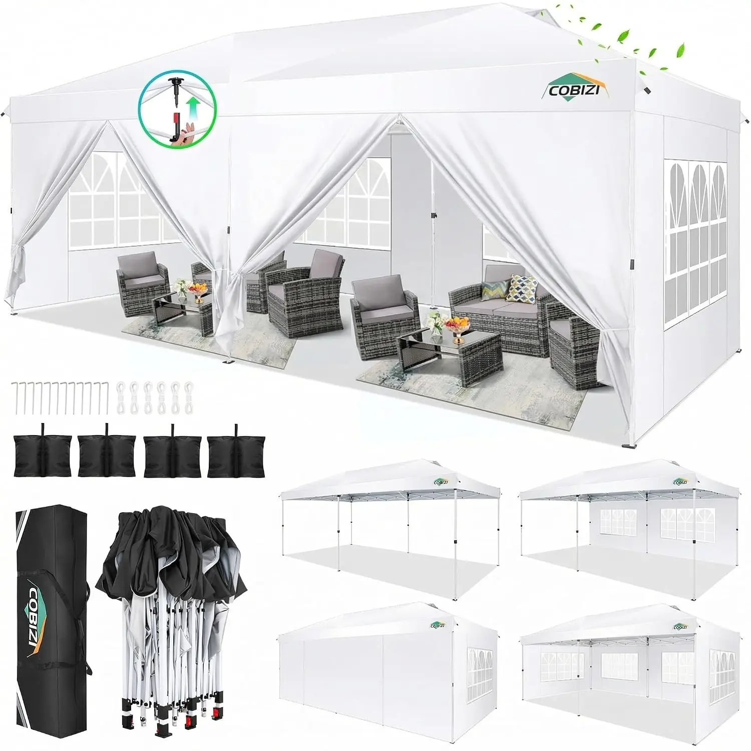 10x20 Pop Up Canopy Tent with One Push, 6 Removable Sidewalls, Customized