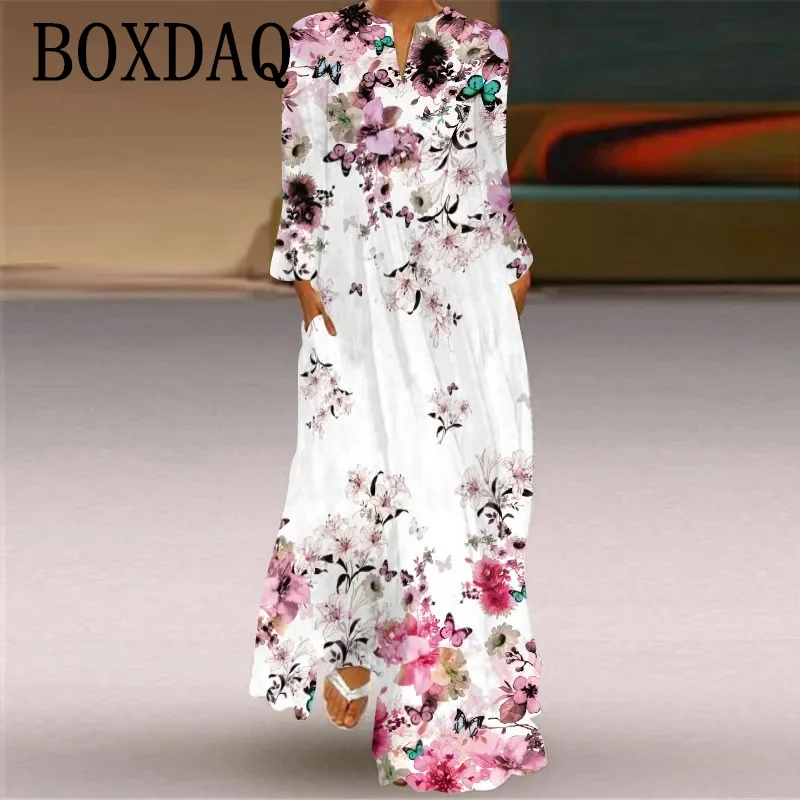 우아한 가을 롱 드레스 여성 패션 스트리트 캐주얼 긴 소매 브이넥 포켓 드레스 빅 사이즈 3XL 맥시 드레스