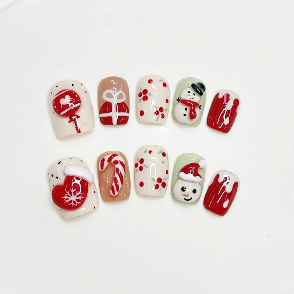 10 Pcs Handmade Press On Nails 2024 Christmas New Painting Cute Limited Short Square False Nails Design Art 3D Nails with Set