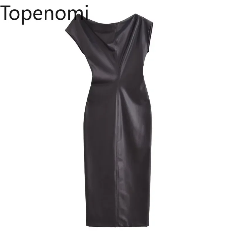 Topenomi Faux Leather Black Dress Women Autumn Winter Asymmetric High Waist Wrapped Slim Evening Party Dresses Fashion Vestidos