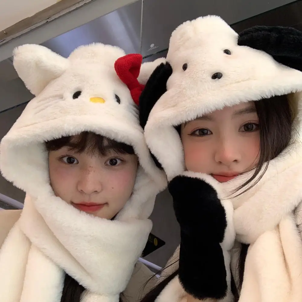 Sanrio Hello Kitty Pochacco Cute Hooded Plush Scarf Thick Warm Cartoon Plush Gloves, Hat and Scarf All In One Kawaii Kitty Scarf