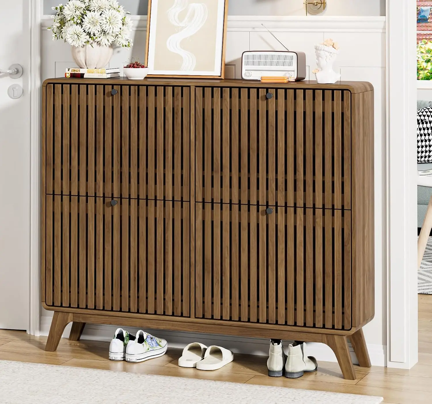 #Large Bamboo Shoe Cabinet with 4 Flip Drawers, Slim Narrow Storage Rack for Entryway Hallway