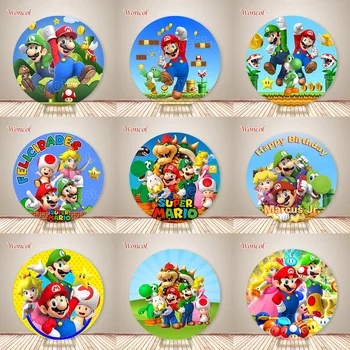 Couverture ronde Super Mario, toile de fond personnalisée, princesse pêche, Bowser, Yoshi, crapaud, Luigi, décor circulaire, accessoire d'anniversaire pour enfants