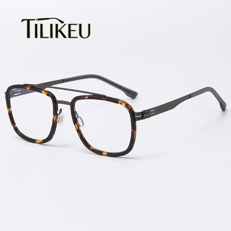double-bridge-retro-large-frame-men's-luxury-brand-eyewear-ultra-light-stainless-steel-elastic-screwless-german-style-eyeglasses