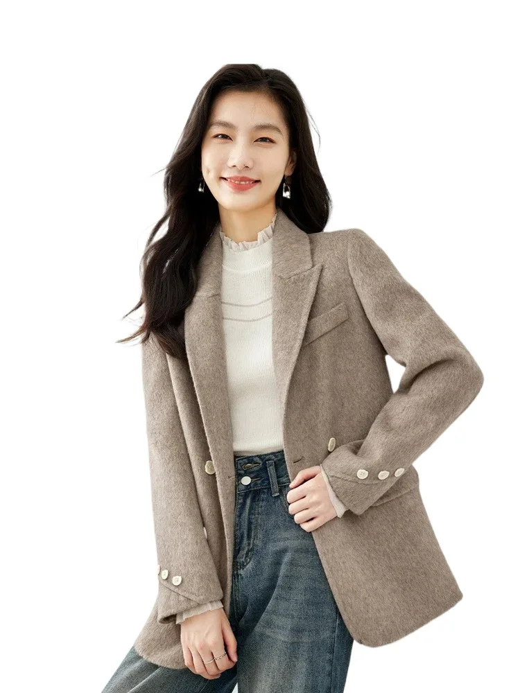 

2024 Wool Blend Tailored Blazer Coats Winter Thick Warm Elegant Straight Double Breasted Office Lady Overcoat Female 50688