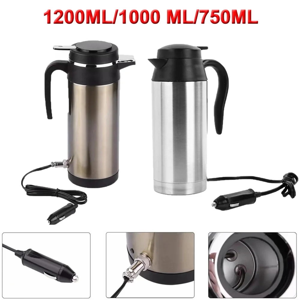 12V 24V 750ML/1200ML Car Heating Cup Stainless Steel Electric Kettle Water Coffee Milk Thermal Mug for Home Car Winter Travel