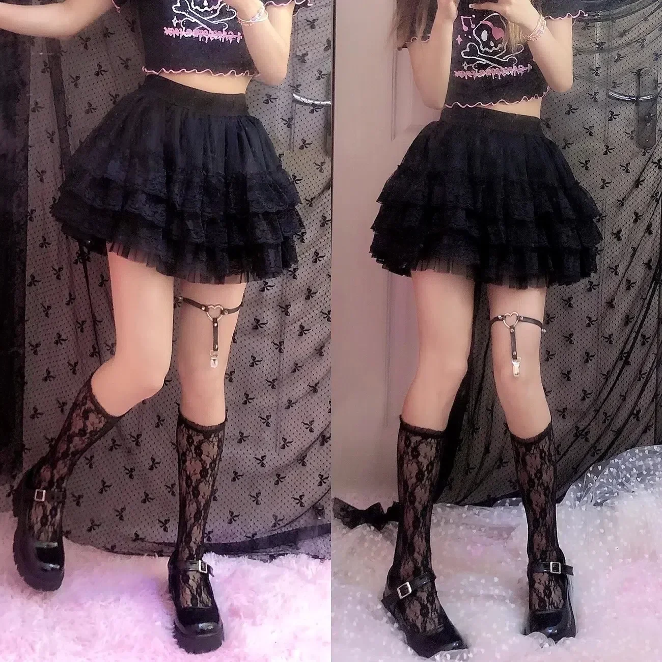 

Elastic Gothic Lace Skirt Women Black Mesh Detail Petticoat Sexy Mini Tulle Skirts Party Club Wear Dancer Women's dress