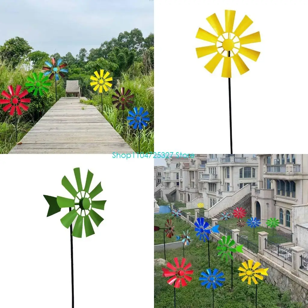 D8KF Iron Flower Windmill Rainbow Windmill Spinner Vertical for Yard Garden Balcony Garden Stake Decoration