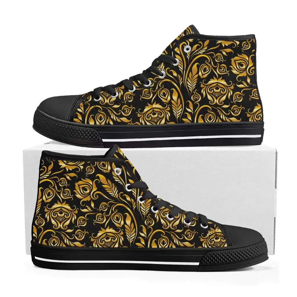 Sapatilhas de lona floral ouro barroco para homens e mulheres, padrão europeu, sapatos altos, sapatos personalizados casuais, luxo, adolescente