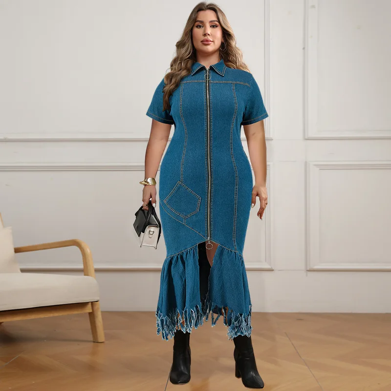

Plus Size Women's Short Sleeve Tassel Zipper Elegant Denim Long Dress Night Club Casual Streetwear Jean Bodycon Mermaid Dresses