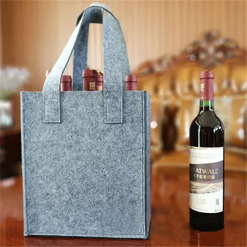 Reusable Fashion Felt Bag Wine Holder Beer Bottle Shopping Tote Bag Bottle Carrier with 6 Bottles Divider Washable Grey