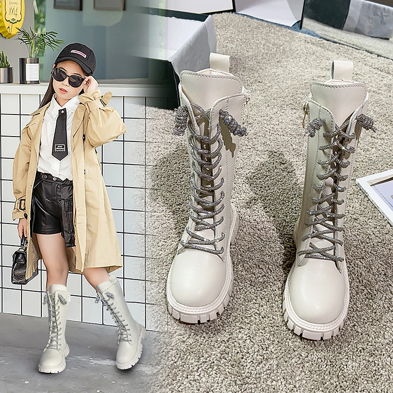 Children Knee-high Boot 2025 Girl Students Fashion Canister Boots Shoes Children Winter Cream-colored Flat Boots Antiskid Shoe