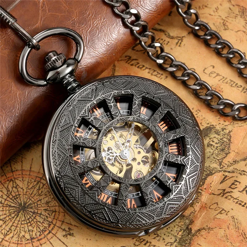 Steampunk Hollow Out Case Mens Black Mechanical Pocket Watch Handwinding Skeleton Clock with Roman Number Dial Pendant Chain