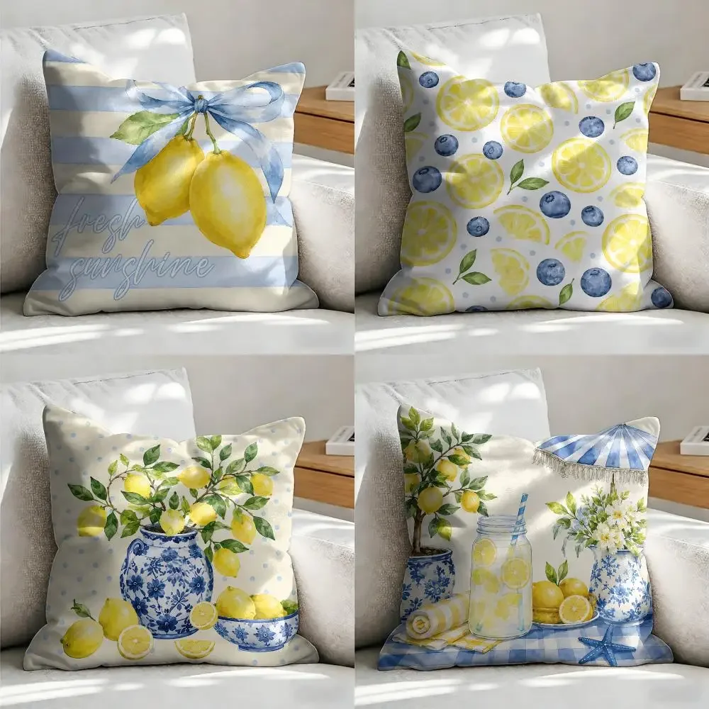 Fresh Lemon and Blueberry Print Throw Pillow Covers for Sofa Couch Decor Seasonal Summer Kitchen Bathroom Accent