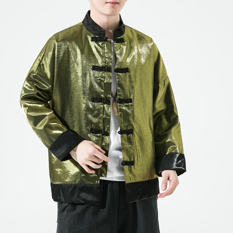 Jaket Hanfu Kerah Tegak Retro Warna Kontras Ukuran Besar untuk Pria, Pakaian Luar Musim Gugur, Model Panjang