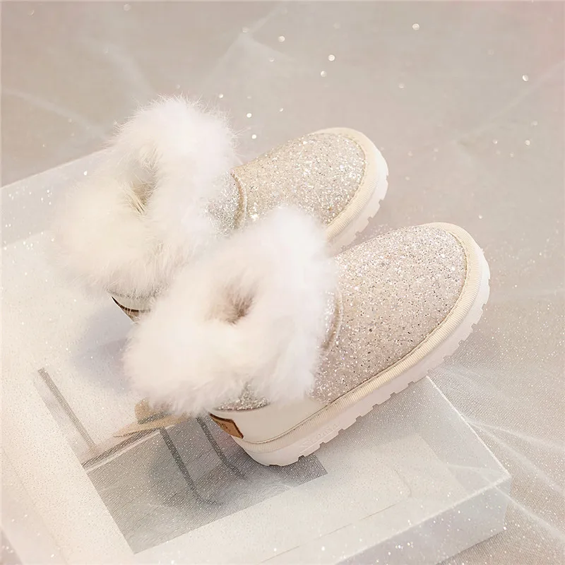 Toddlers/Little Girl\'s real fur snow boots Glitter Warm Winter ankle boot with Cotton Lining and Cute Bow