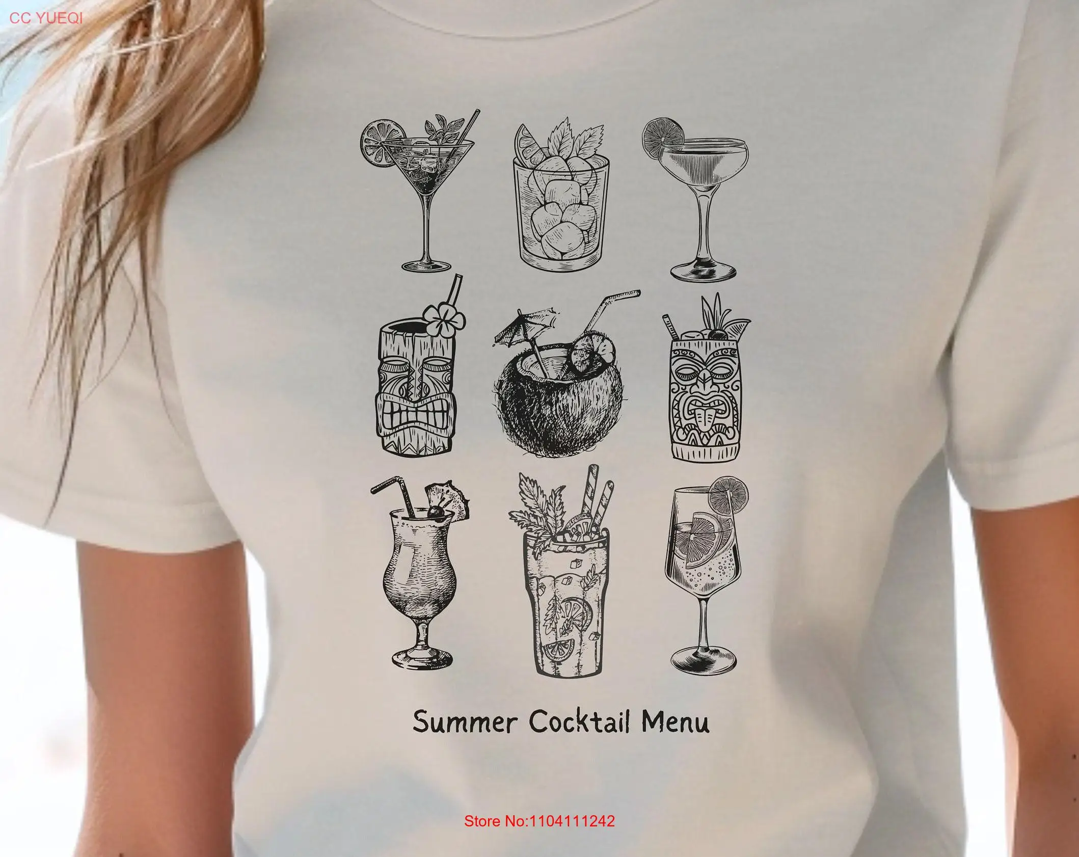 Summer Cocktail Menu Mixed Drink T Shirt Hawaiian Tiki Bar Theme Listing Drinks long or short sleeves