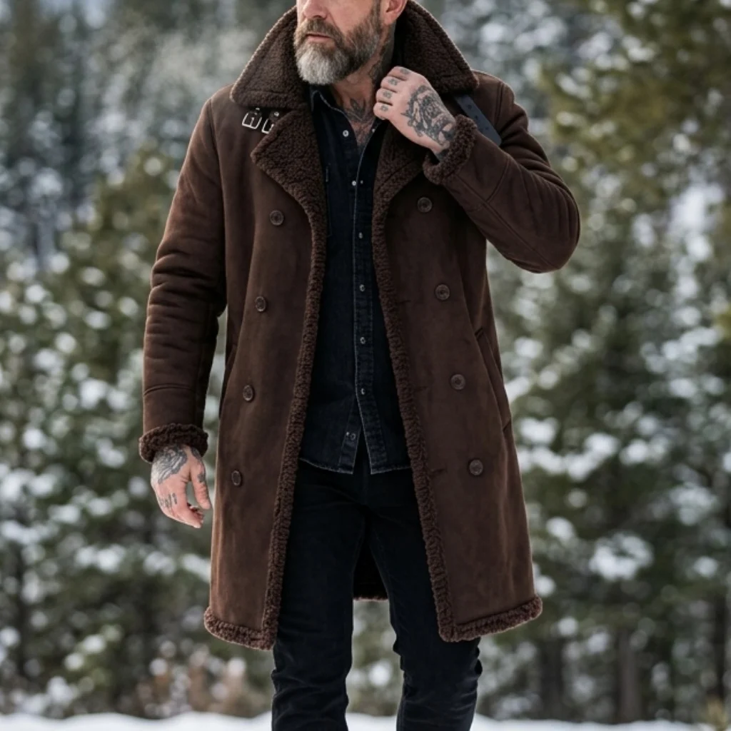 Neue Herren-Winterjacke aus Kunstwildleder & Pelzgefüttert Winddichte Doppelreihige Streetwear-Jacke Warme Jagd-Oberbekleidung Herrenjacke – Detail 5