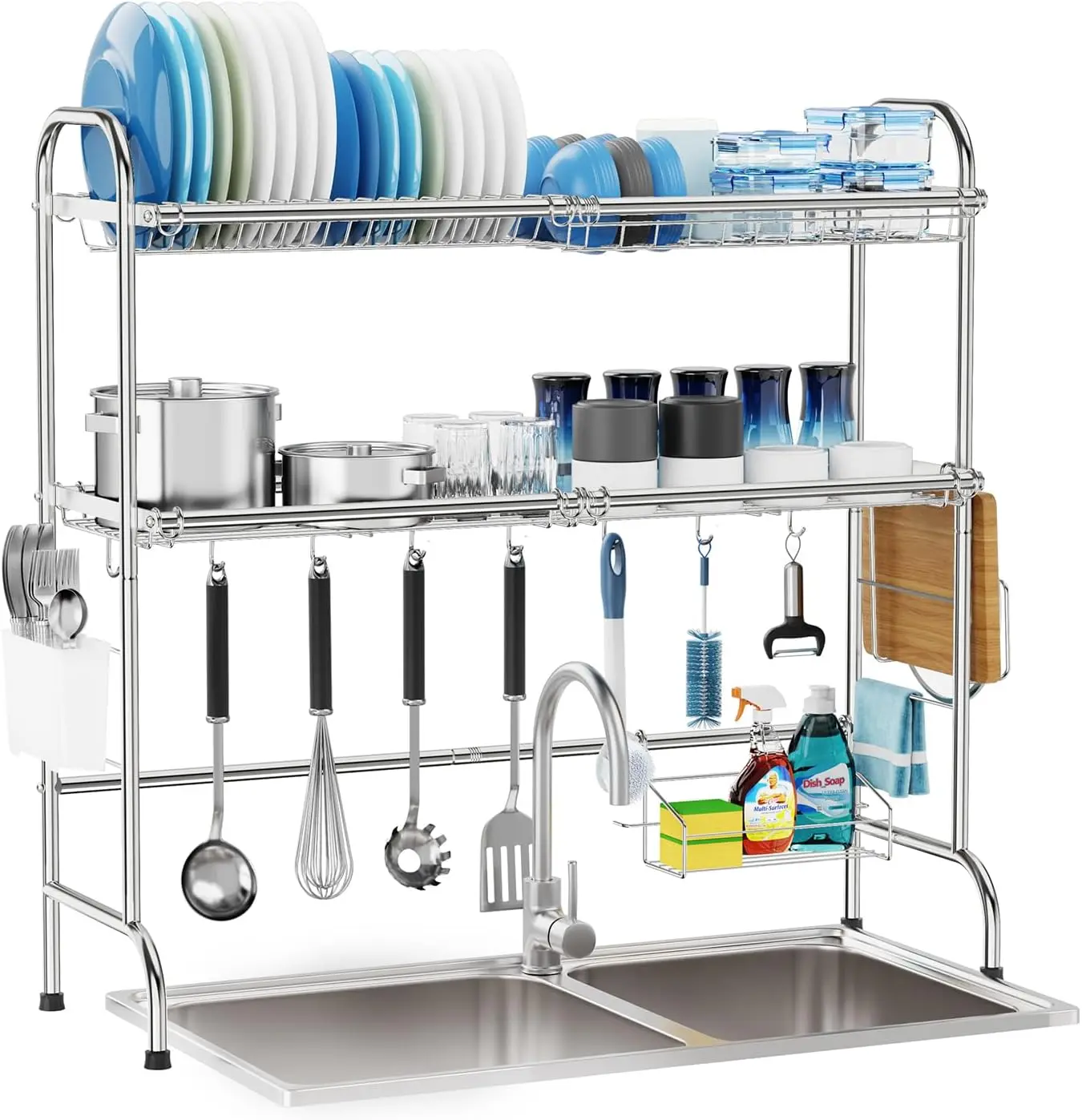 

Stainless Steel Over The Sink Dish Drying Rack - 2 Tier Dish Rack Over Sink, Dish Drainer Rack with Utensil Holder and Cutting