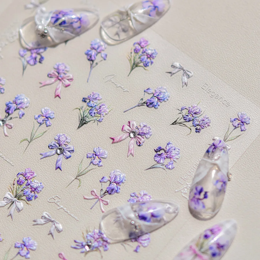 1pcs 5D Exquisite Kawaii Wisteria Flower Nail Art Stickers Purple Flower Bow Nail Decoration Slider Decal Adhesive Transfer Part