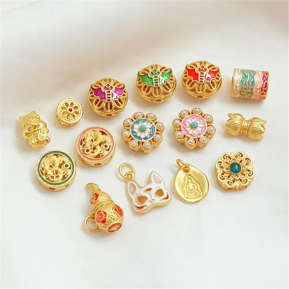 

Sand Gold Oil-dripping Compass Full of Good Fortune Double Lotus Beads DIY Handmade Jewelry One-leaf Buddha Fox Pendant Accessor