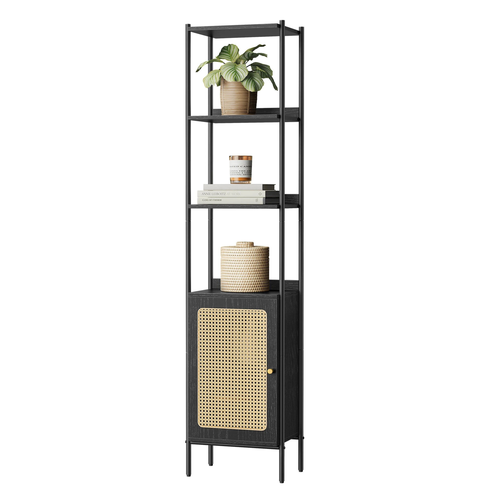 VASAGLE 6-Tier Bookcase, Bookshelf with Rattan-Like Door, Boho Style, Freestanding 15.7-Inch Wide Storage Shelf, Metal Frame