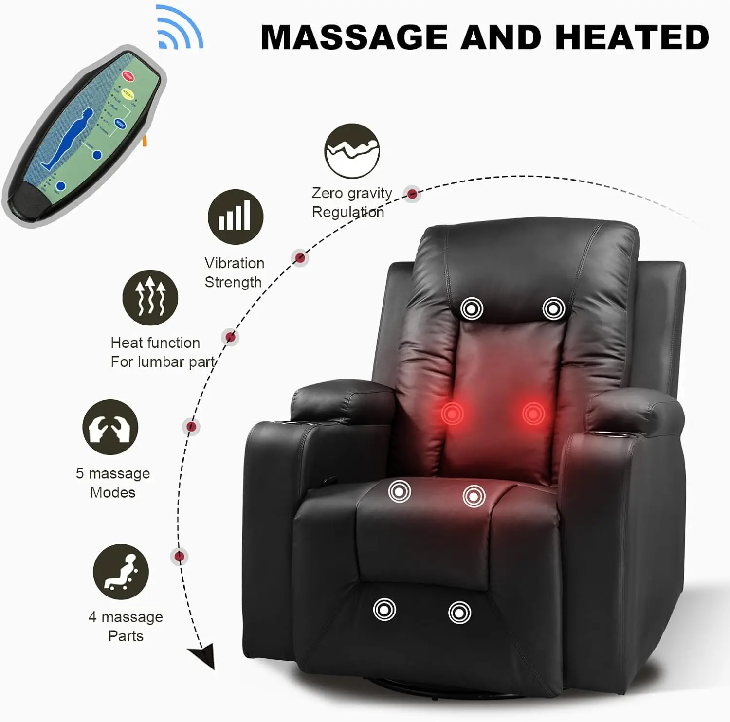 Recliner Chair, PU Rocking Chair for Adults, Swivel Recliner with Cup Holders, Heat and Massage, Single Sofa Seat with Side Pock