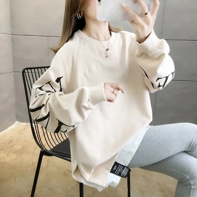 Autumn Winter All-match Loose Letter Embroidered Lantern Long Sleeve Women\'s Clothing Round Neck Pullover Office Lady Tops