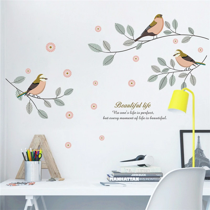 

Bird On Floral Tree Branch Wall Art Sticker For Office Store Study Room Home Decoration Diy Pastoral Mural Pvc Plant Decal