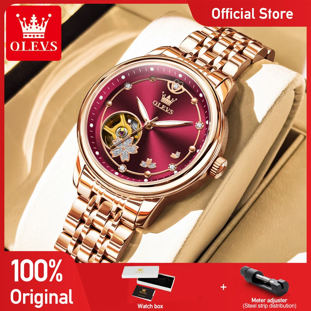 

OLEVS 6732 New Womens Watch Original Luxury Skeleton Mechanical Watches Waterproof Luminous Watches For Women Set Bracelet Gift