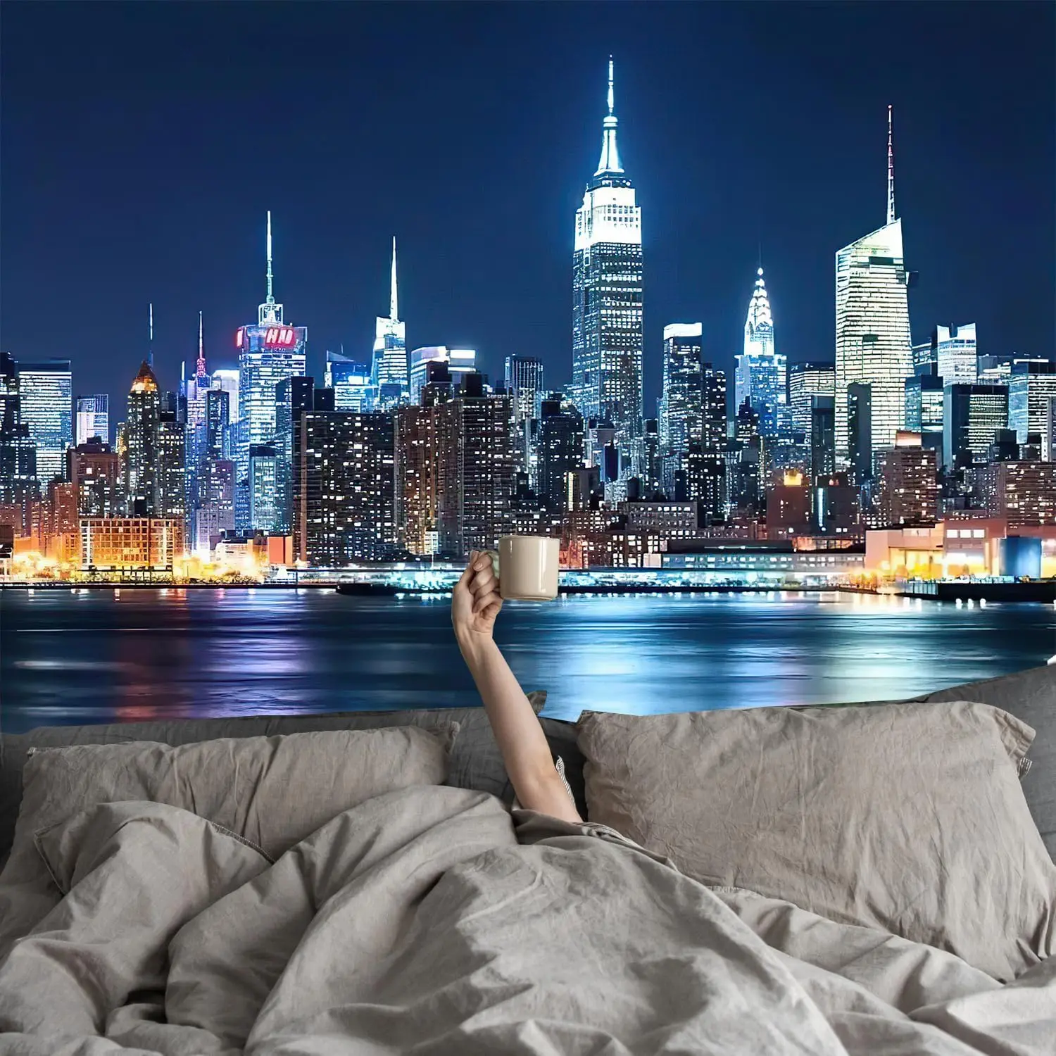New York Skyline Tapestry – City Window View with River & Night Lights for Living Room, Bedroom or Dorm Decor