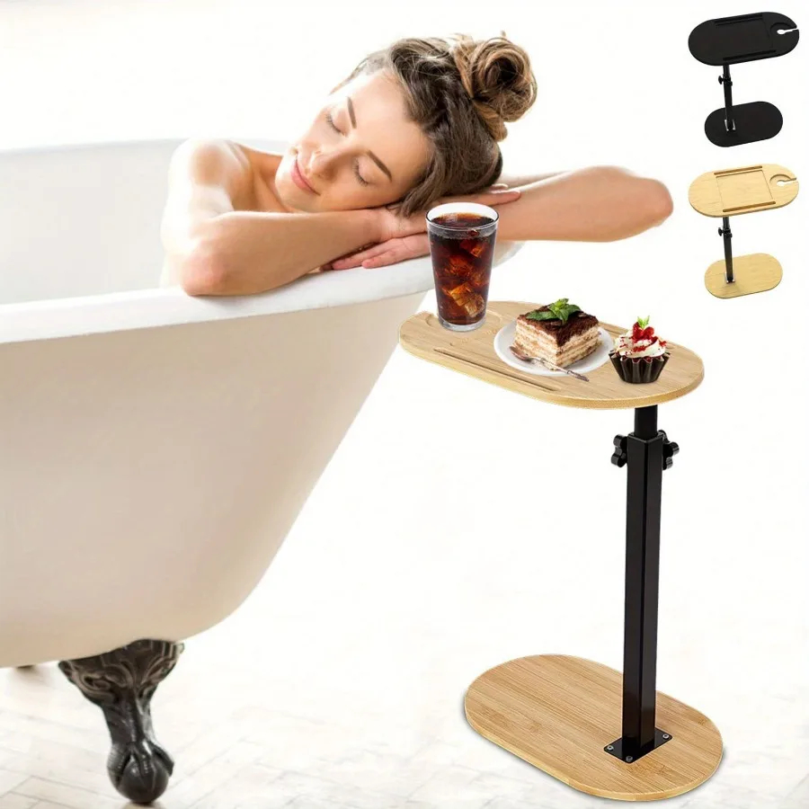 

Bamboo Bathtub Tray Table Bath Side Table with Metal Base Adjustable Height Portable Freestanding Caddy Tray Tub Shelf for Luxu
