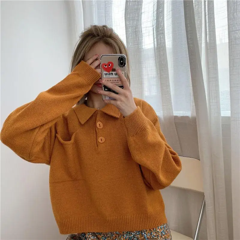 

DAYIFUN Female Autumn Short Length Sweaters Women Loose Turn Down Collar Jumpers Ladies Outerwear Soft Solid Knitted Pullovers