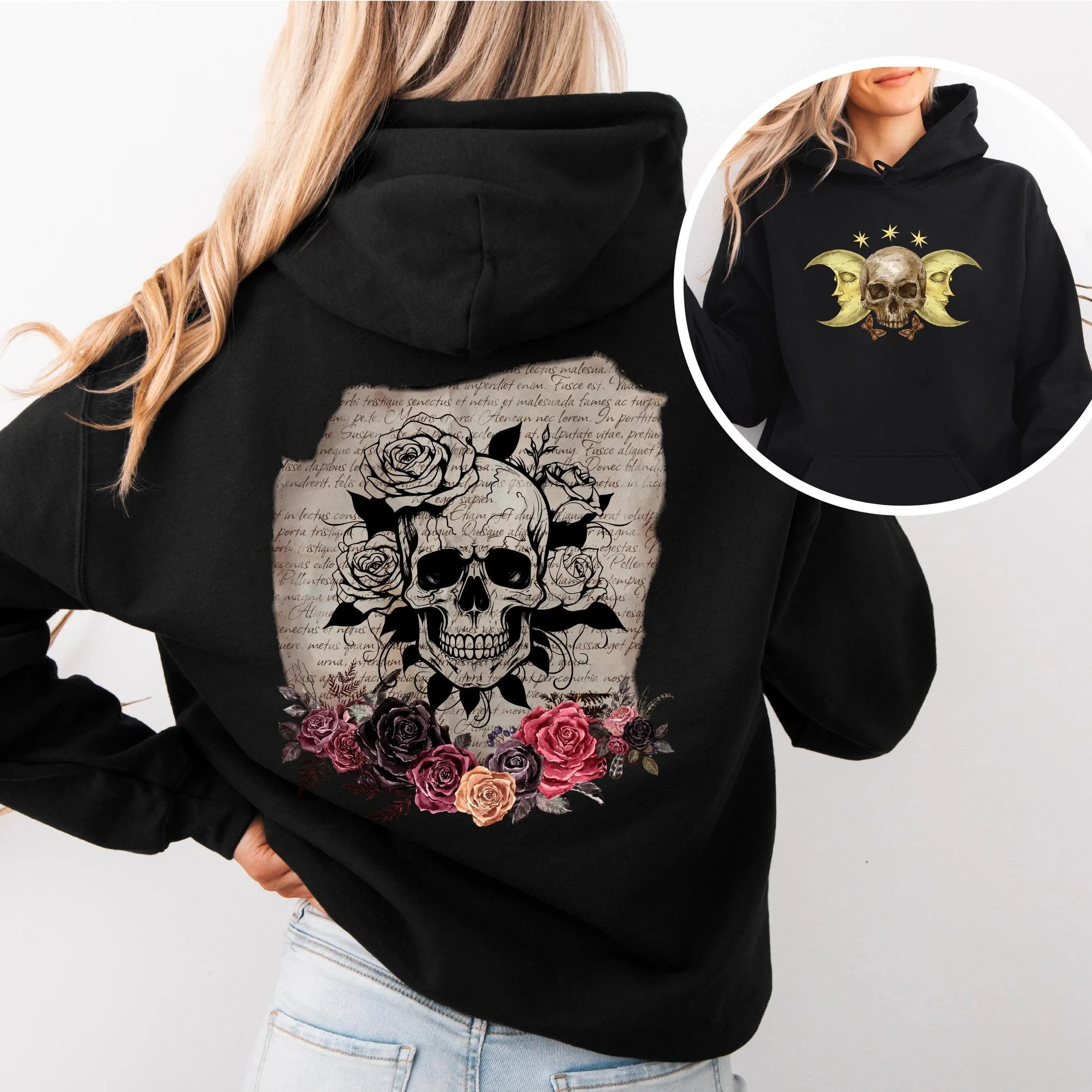 

Осенне-зимний стиль, готическая хлопковая толстовка с принтом розы и черепа, демонстрирует подробный череп с розами, небесные элементы
