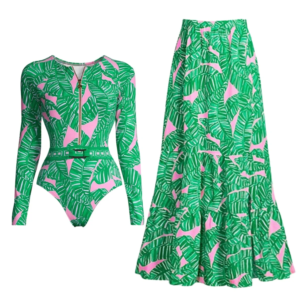 Women's Long Sleeved Zipper Swimsuit Green Print Two-Piece Bodysuit Bikini Set Beach Style Maxi Dress Skirt