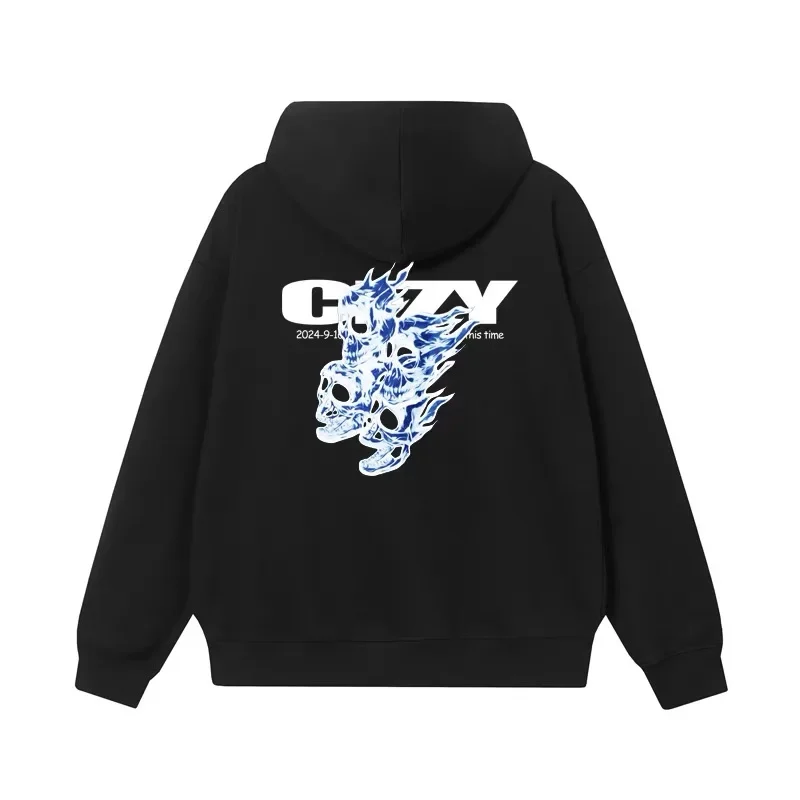 

DESIER CFZY Skull Head Print Hoodie Unisex Loose Fit Cotton Sweatshirt Thin Hip Hop Style T-Shirt Flame Design Streetwear