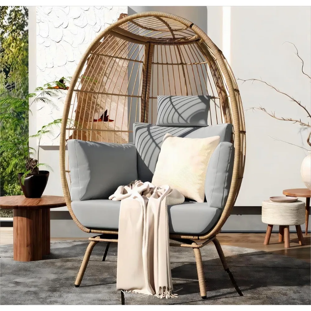 Wicker Outdoor Oversized Egg Chair com almofada de suporte, Grande capacidade, Basket Chair for Patio, Balcony, Bedroom, 370Lbs