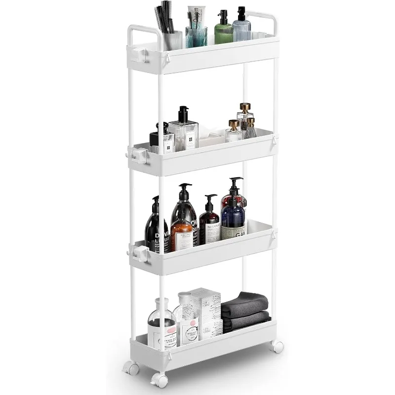 Slim Storage Cart, 4 Tier Bathroom Organizer Mobile Shelving Unit, Rolling Utility Cart Slide Out Organizer for Kitchen