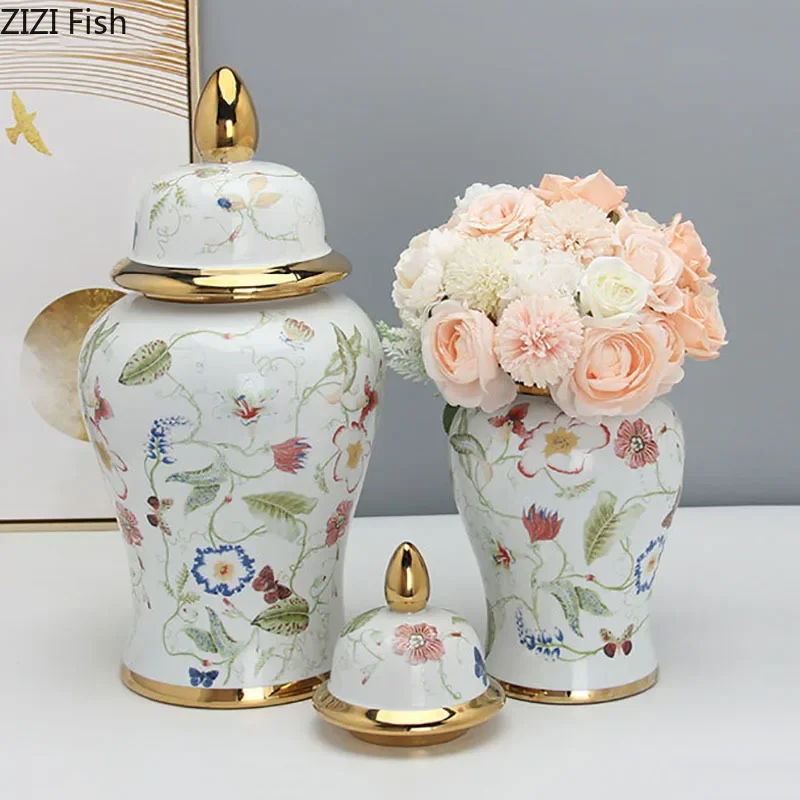 Flowers and Butterfly Pattern General Jar with Lids Gold Plated Ceramic Vases Desk Decoration Jewelry Jars Cosmetic Containers