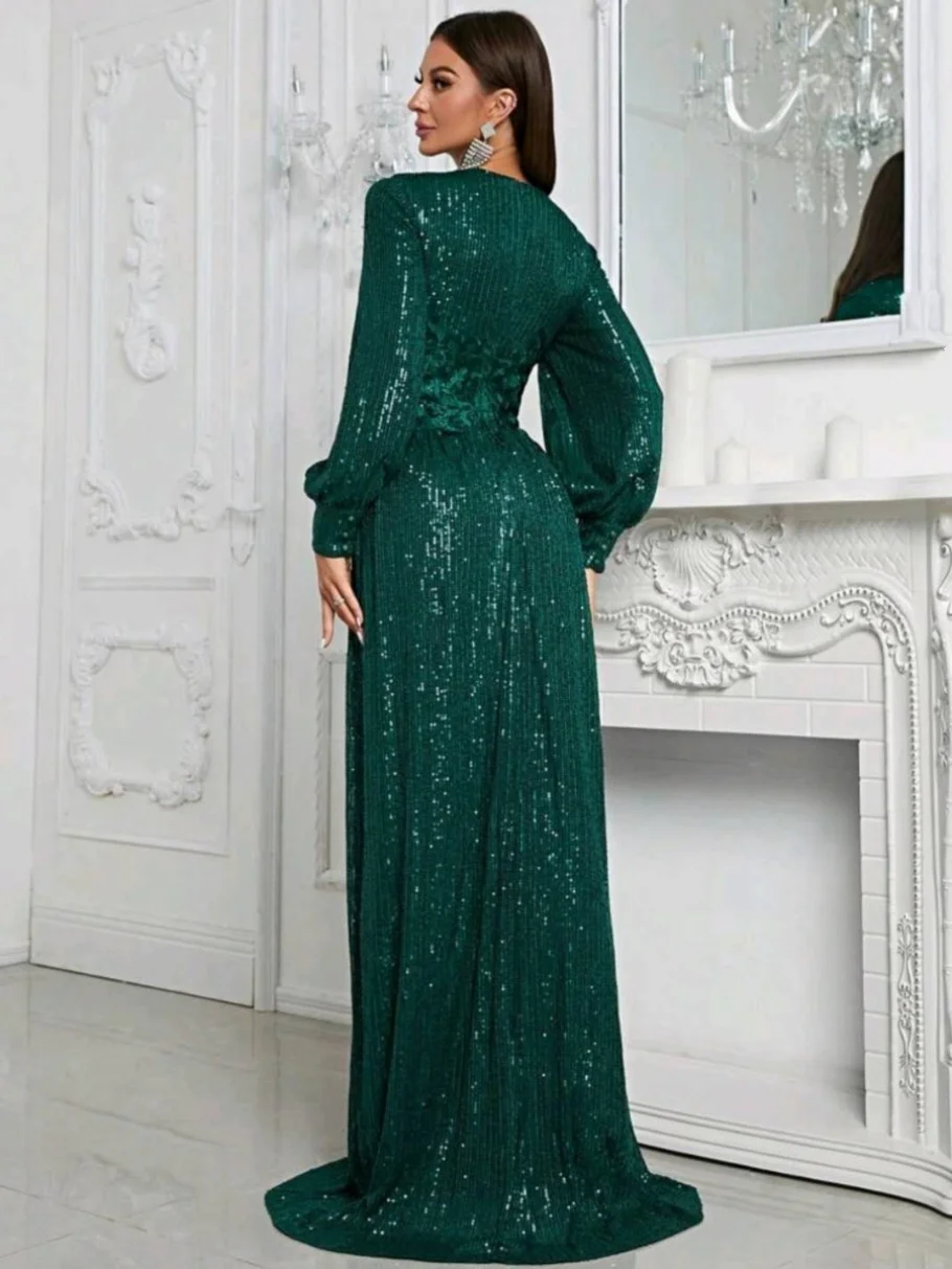 Ele Long Evening Gown Sexy High Waist Wedding Birthday Par Dr Floor Length Skirt iny Sequins ort Sve V Ne