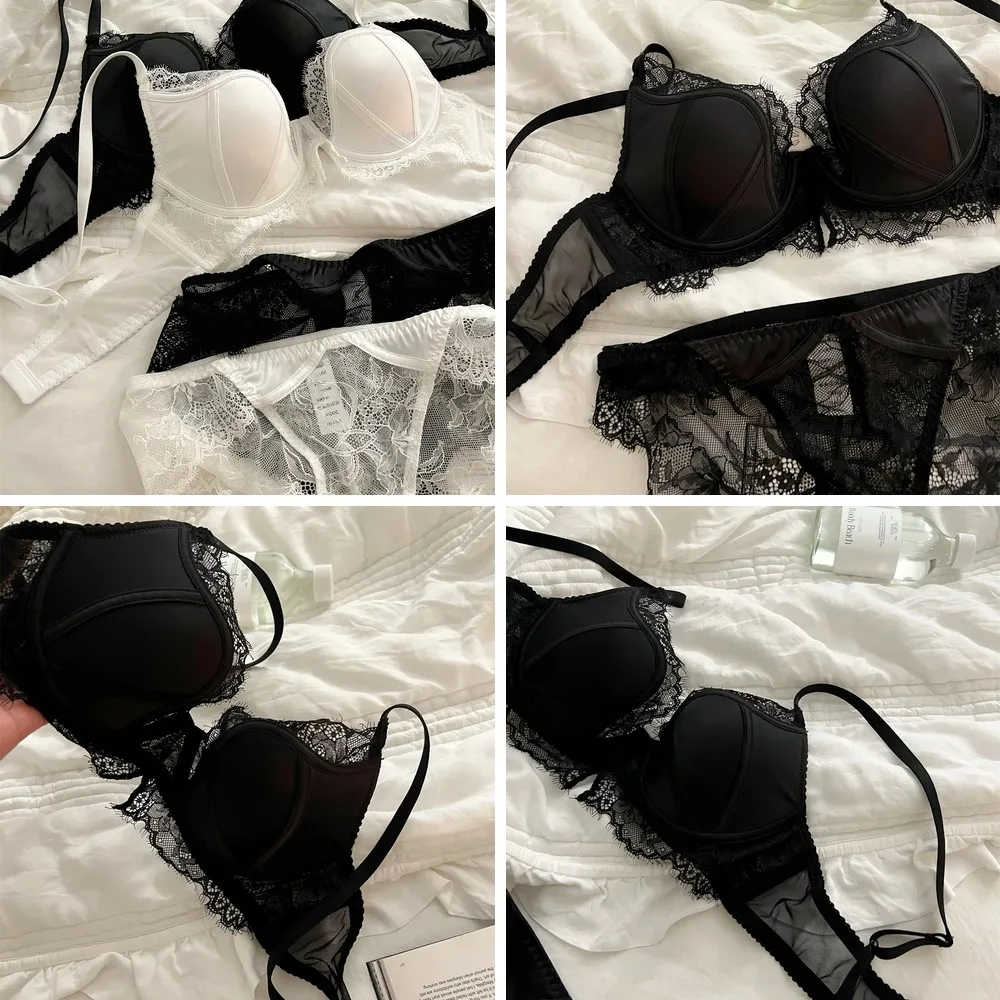Sexy Lace Deep V Lingerie Set with Steel Ring Support, Hollow Out Push Up Bra & Panty