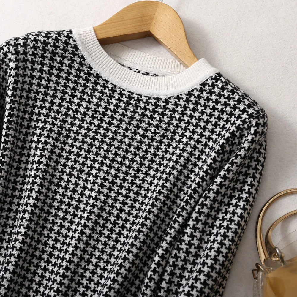 Winsleter-63.9%Silk 10.2%Cashmere Elegant Sweater, O Neck Houndstooth, Women Versatile Soft Knit Sweater, 2026 Autumn T67872CC