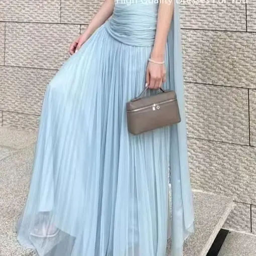 Xikuo Sky Blue Chiffon Prom Dresses For Girl Full Pleated Party Dresses With Long Cape Women Formal Evening Gowns Customized