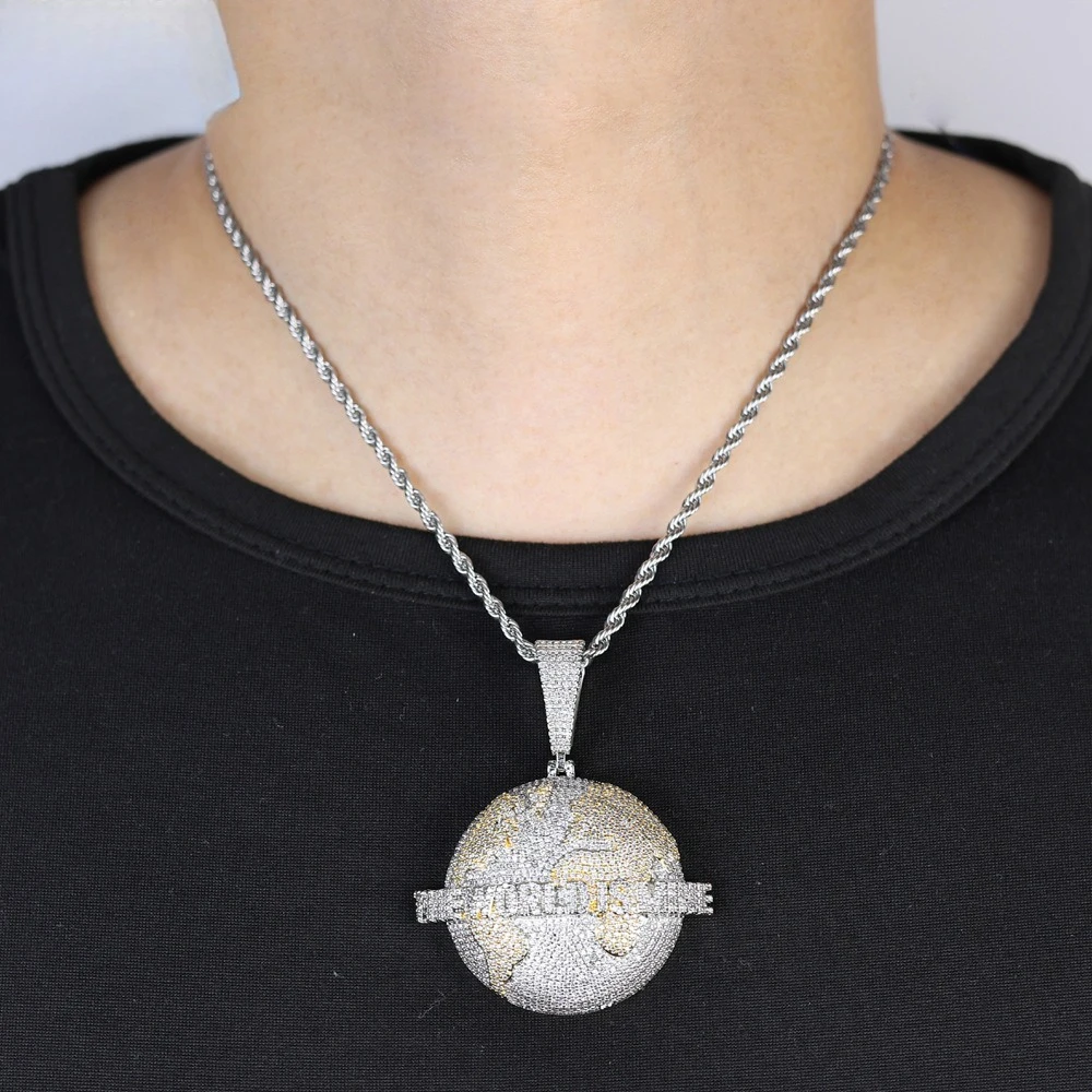 

World Map Pendant Necklace for Men Women, 5A CZ Inlaid, Featuring Africa, Luxury Hip Hop Jewelry for Boyfriend & Rap Stars